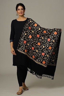 #ad Black Indian Wool Shawl Embroidered Pink Orange Flowers amp; Gold Vine Pashmina Ari