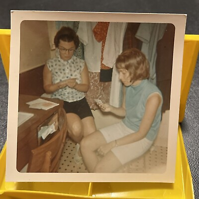 #ad College Women Playing Pinochle in Bathroom Color 3x3 VTG 1965 Photo