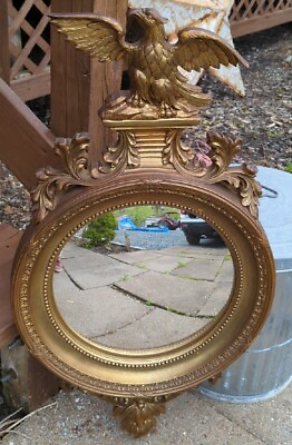#ad Vintage Wood Carved Federal Eagle Convex Gold Gilt Wall Mirror 34.5quot; Tall Large