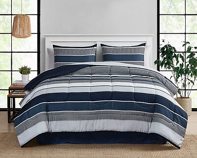 #ad Mainstays Blue Stripe 8 Piece Bed in a Bag Comforter Set With Sheets Queen