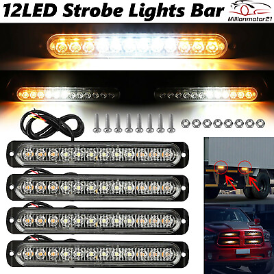 4x Amber White 12 LED Car Truck Emergency Warning Hazard Flash Strobe Light Bar