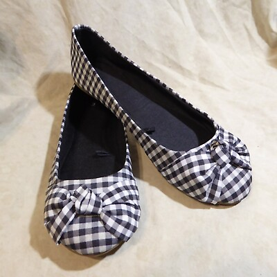 #ad 🩰 Time and Tru Ballet Flats 9 M Black White Gingham Check Fabric; Knotted Strap