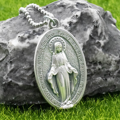 #ad Extra Large 1 3 4quot; Miraculous Medal Virgin Mary Pendant Necklace Italy 24quot; Chain