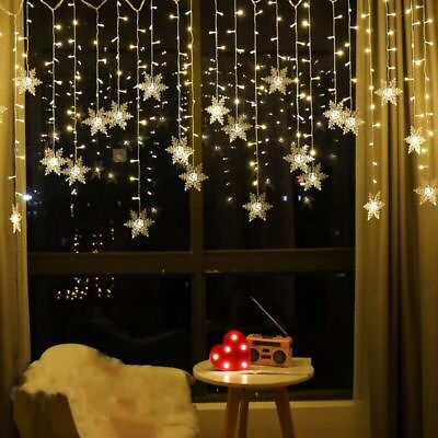 #ad #ad 96 LED Snowflake Fairy Curtain String Lights Hanging Ornament Xmas Party Decor