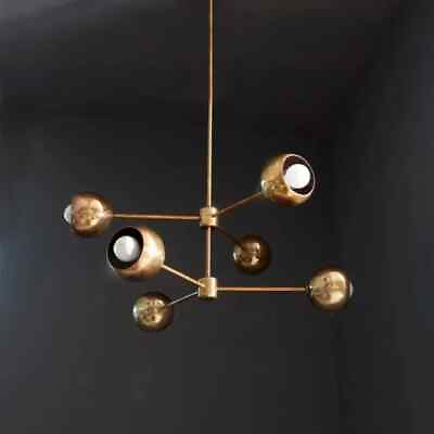 #ad 1950#x27;s Mid Century Modern Brass 6 Light Ball Sputnik Chandelier Fixture Light