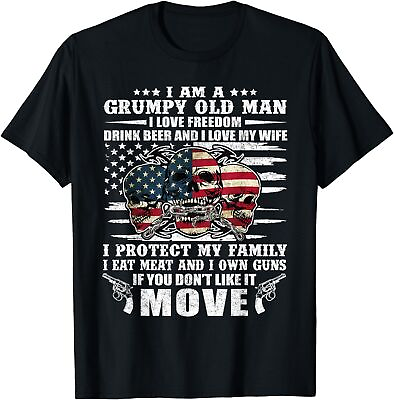 #ad Grumpy Old Man Freedom Beer Guns Skull American Flag Unisex T Shirt