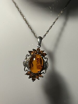 #ad Ornate Italian Sterling Silver Amber Necklace 20” Luminous