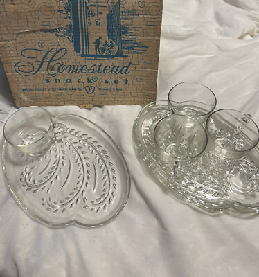 #ad Vintage Clear Federal Glass Wheat Pattern Hospitality Snack Set in Original Box