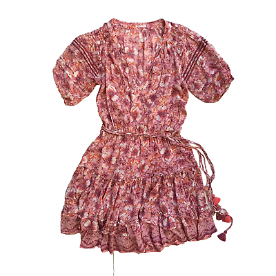#ad Poupette St Barth Bona Mini Dress Womens XS Pink V Neck Short Sleeve Floral Boho