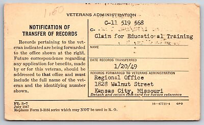 #ad Kansas City MO Notification Transfer of Records Veterans Admin Elbert Sowl WWII