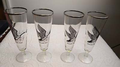 #ad Set of 4 Federal Glass Canada Goose Pilsner Silver Rimmed Beer Glasses Barware