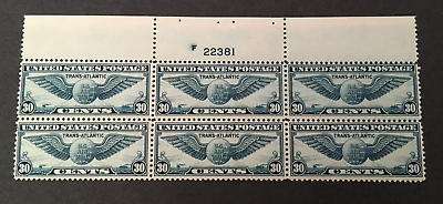 #ad US Air Mail C24 Plate Block of 6 stamps 1939 30 cent Winged Globe Mint NH OG