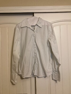 #ad Casual Corner White Blouse Large Navy Blue Pinstripe Cotton Stretch Long Sleeve