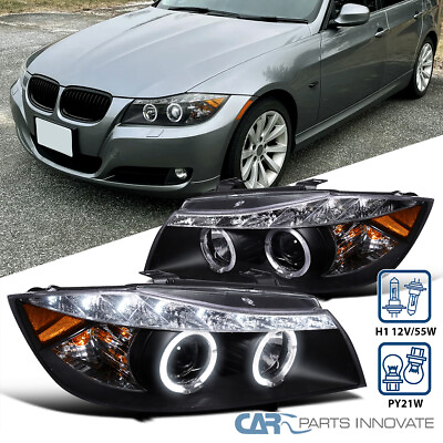 #ad Fits 2006 2008 BMW E90 3 Series Halo Black Projector Headlights LED Strip 06 08