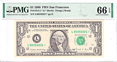 #ad 1988 $1 Federal Reserve **STAR** Note San Francisco PMG 66EPQ #L00350221*