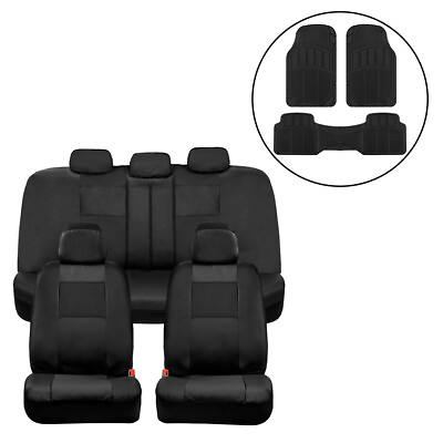 #ad Car Seat Covers Black PU Leather Front Back Set with Black Rubber Floor Mats
