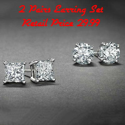 #ad Sterling Silver Stud Earrings Cubic Zirconia Round Men Women 2PC CZ Earrings Set