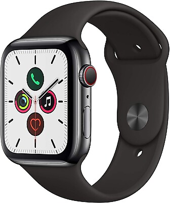 #ad Apple Watch Series 5 44mm Stainless Steel Black Band GPS Cellular Very Good