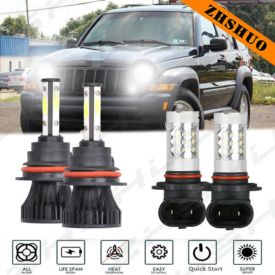 #ad 4Pcs For 2002 2007 Jeep Liberty LED Headlights Kit High Low Beam Fog Light Bulbs