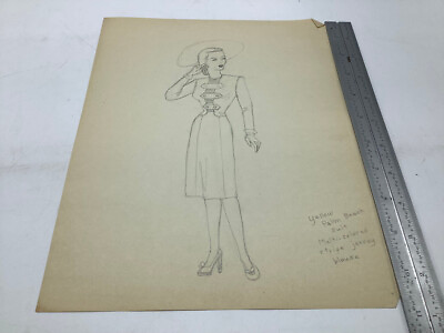 #ad Original Female FASHION drawing 1940#x27;s YELLOW PALM BEACH SUIT