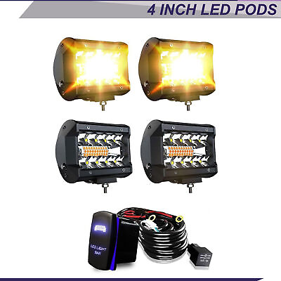 #ad 4pcs 4 Inch White Amber LED Pods Light Spot Flood Combo Driving Fog Flash Strobe