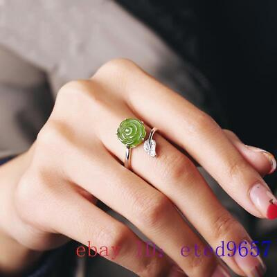 #ad Green Jade Rose Rings 925 Silver Flower Women Jewelry Natural Adjustable Ring