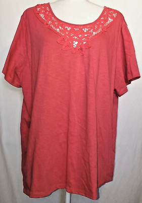 #ad Womens Allison Daley T Shirt Red Lace Collar Short Sleeve Size 2X Casual