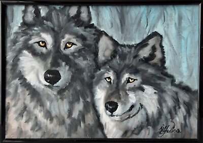 #ad Wolf Original Painting Animal Art Couple Wolves Oil Painting 12 by 9 Wall Art