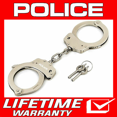 #ad POLICE Handcuffs Professional Double Lock Steel Heavy Duty Metal w Keys Silver