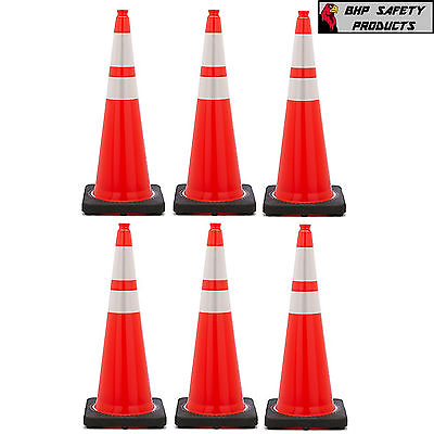 #ad 36quot; INCH ORANGE SAFETY TRAFFIC CONES BLACK BASE 3M RELFECTIVE COLLARS 6 PACK