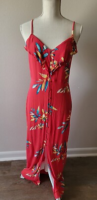 #ad Express Maxi Dress Medium Red Floral Smocked Ruffled Sleeveless With Front Slit