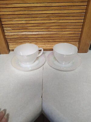 #ad #ad Vintage Federal Glass Moonglow Diamond Point Iridescent Tea Cup Saucer 4pc Set