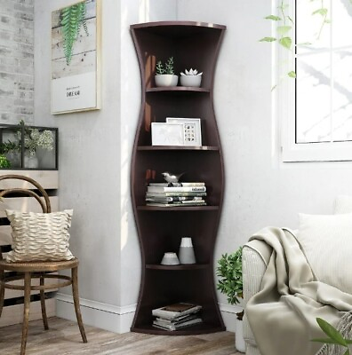 #ad Curvy Corner Book Case Storage Shelf Rack Display Shelves 5 Tier Wood Tall Stand