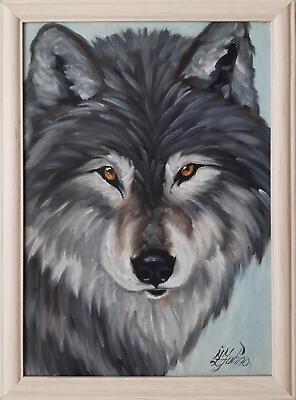 #ad Wolf Original Painting Animal Lover Art Framed 12 by 9 Wolf Oil Wall Art