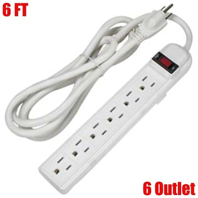 #ad 6FT 6 Outlet Power Strip Surge Protector Switch Plug Outlet 90 J 125V 15A White