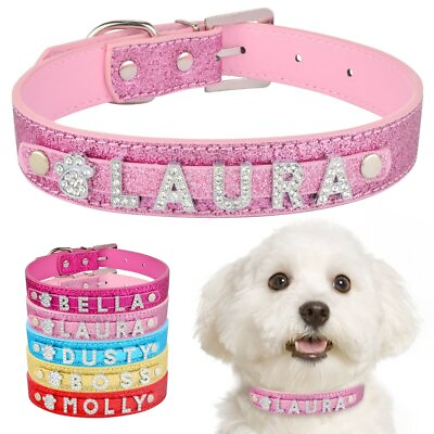 #ad Personalized Dog Collar Dog Custom Engraved Name Bling Leather Charm Large Small