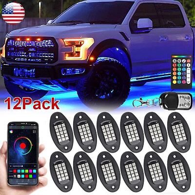 #ad 12pcs RGB LED Rock Lights Kit Offroad Truck Underbody Neon Music Bluetooth APP