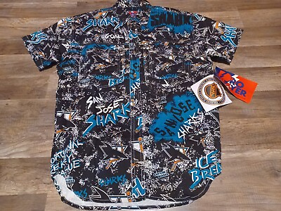 #ad NOS Vintage 90#x27;s Pro Player San Jose Sharks All Over Print Button Up Shirt Small