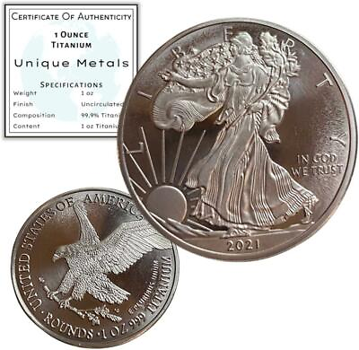 #ad 1 Troy Ounce .999 Fine Pure Titanium Walking Liberty Eagle Rounds Coins w COA