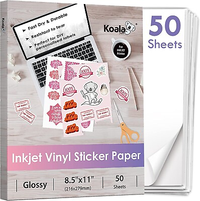 #ad Koala Printable Vinyl Sticker Paper for Inkjet Printer 50 Sheets White Glossy