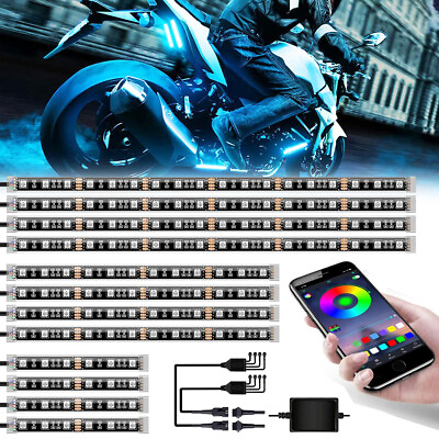 #ad 12PCS RGB Motorcycle LED Under Glow Light Neon Strip Kit Bluetooth APP Control