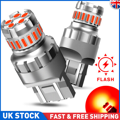 #ad 2x T20 7440 7443 Red LED Strobe Flash Blinking Brake Tail Light Parking Bulbs UK