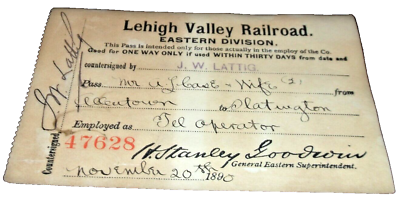 #ad NOVEMBER 1890 LEHIGH VALLEY RAIL ROAD EMPLOYEE MONTHLY PASS #47628