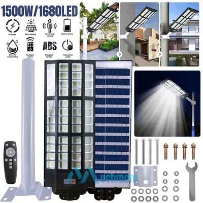 #ad LED Solar Street Light 1500W Super Bright Dusk to Dawn Radar SensorPoleRemote
