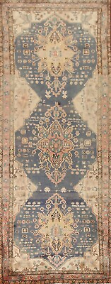 #ad Vintage Geometric Navy Blue Red Heriz Serapi Handmade Rug Runner Carpet 4#x27;x12#x27;