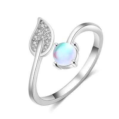 #ad Moonstone and Cubic Zircon Leaf Adjustable Statement Ring in 925 Sterling Silver