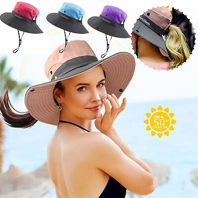 #ad Adjustable Safari Sun Hat for Women Summer Wide Brim Ponytail Outdoor Bucket Cap
