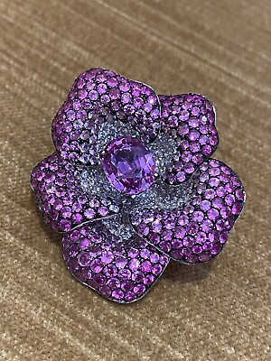 #ad GIA Certified Pink Sapphire Diamond Flower Pin Brooch in 18k White Gold HM2192Z