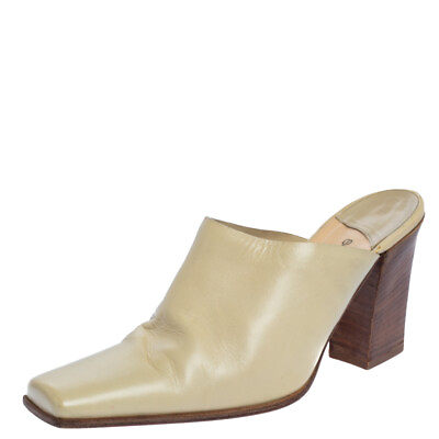 #ad Sergio Rossi Cream Leather Block Heel Square Toe Mules Size 39