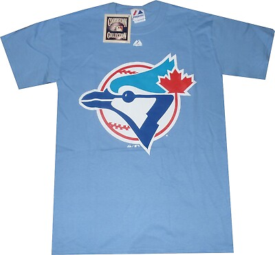 #ad Toronto Blue Jays Throwback Majestic Raised Logo Light Blue T Shirt New tags